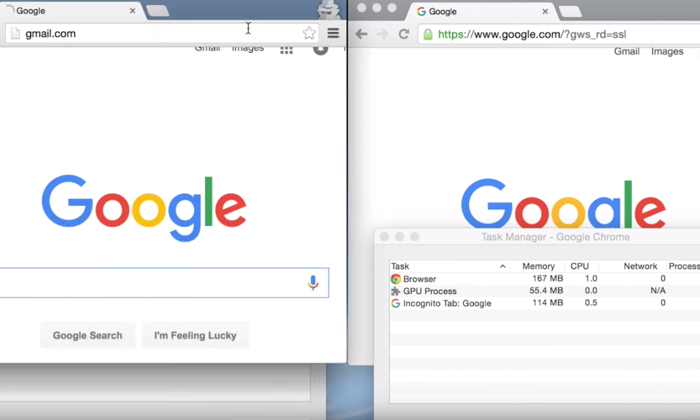 Gmail Memory in Chrome 43 vs. 45