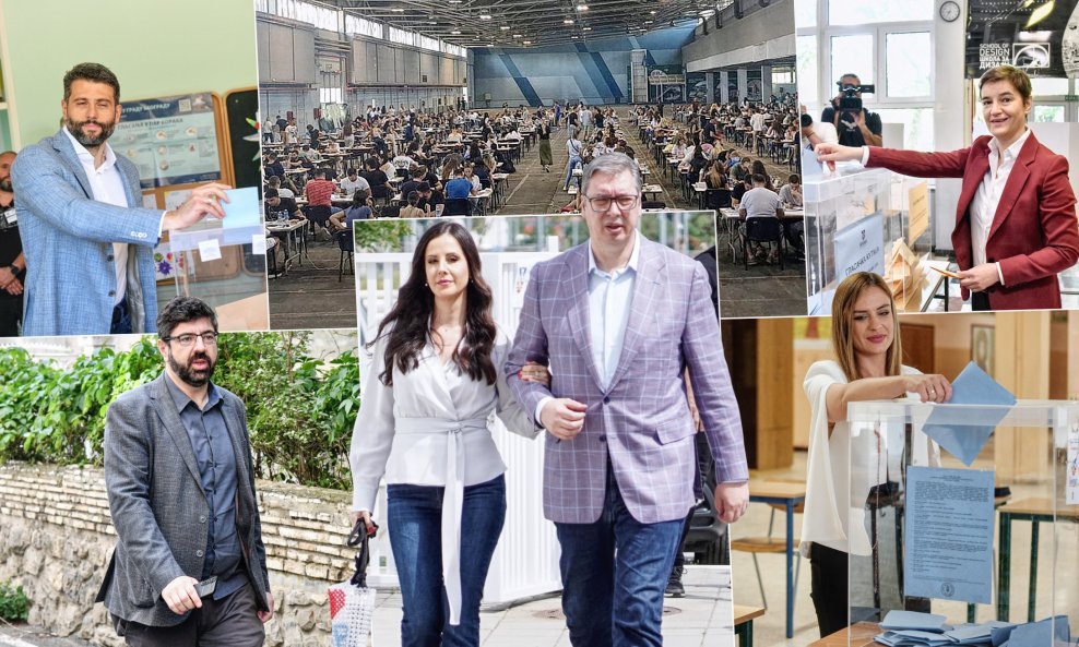 Glasanje stranačkih čelnika na lokalnim izborima (slijeva nadesno: Aleksandar Šapić, Radomir Lazović, Ana Brnabić, Milica Đurđević Stamenkovski); u sredini: Aleksandar Vučić sa suprugom Tamarom, call centar SNS-a u Novom Sadu