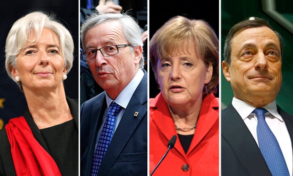 Christine Lagarde (MMF), Jean Claude Juncker (Europska komisija), Angela Merkel  i Mario Draghi (Europska centralna banka – ECB)