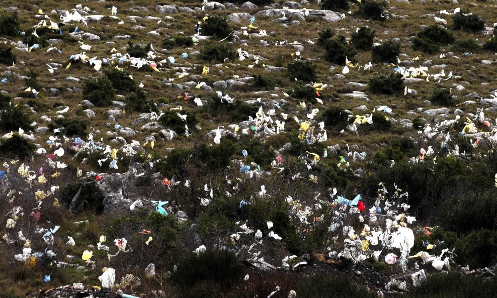 Olujno jugo koje puše već par dana podigao je sa šibenskog odlagališta otpada Bikarac na tisuće plastičnih vrećica i pobacao ih uz cestu koja vodi do Gospodarske zone Podi.