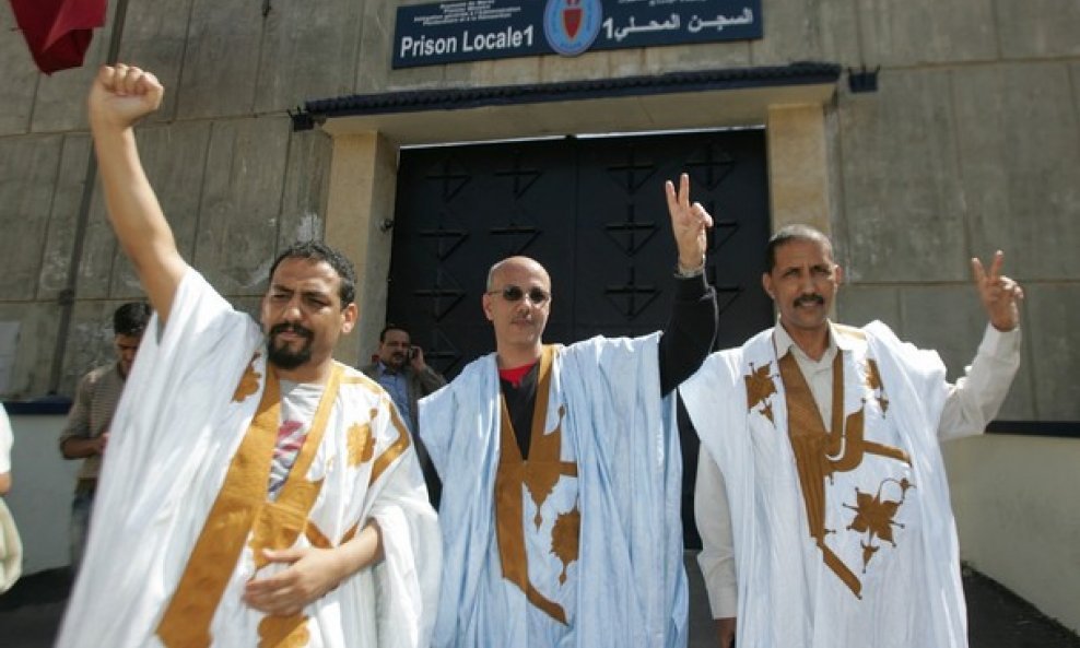 Three activists for the independence of Western Sahara, Ali Salem Tamek (L), Ibrahim Dahhane (R) and Ahmed Naciri (C) 