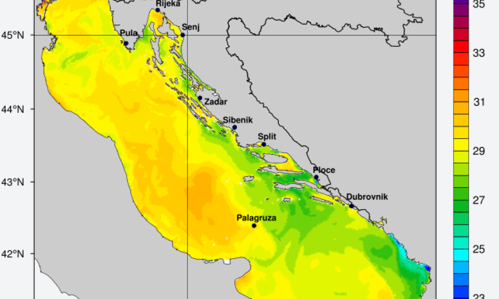 Prognoza temperatura mora za 19. srpnja (17h) po ROMS-u