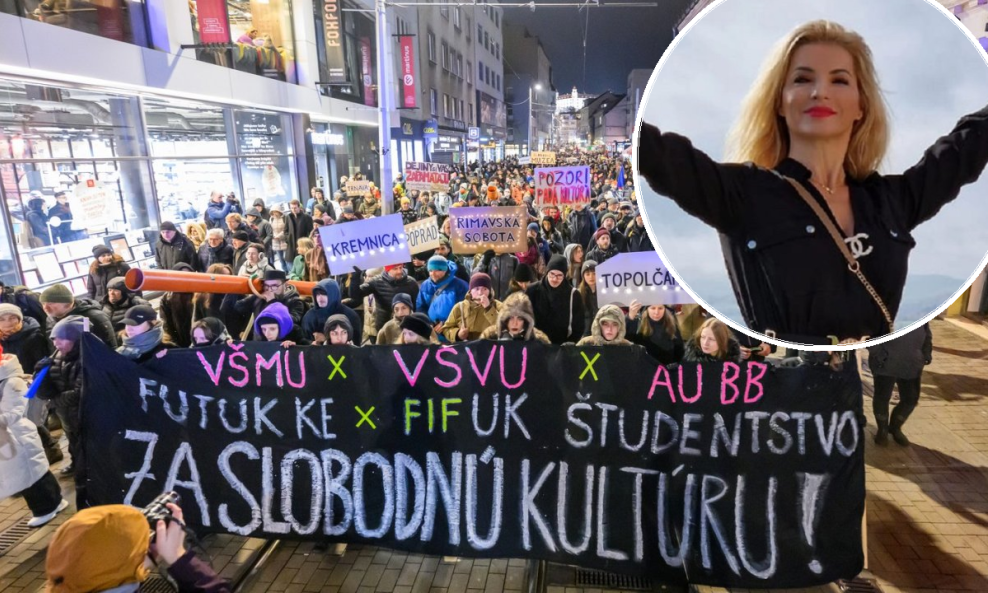 Martina Šimkovičova (u krugu) u četvrtak navečer suočila se s najmasovnijim prosvjedom otkad je krenula 'pročišćavati' slovačku kulturu