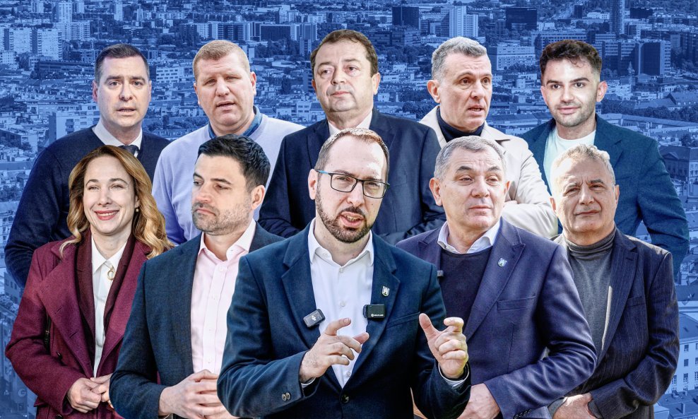 Tomislav Tomašević (u sredini) i njegovi protukandidati - slijeva: Marija Selak Raspudić, Mislav Herman, Vedran Jerković, Davor Bernardić, Tomislav Jonjić, Trpimir Goluža, Ivica Lovrić, Ivan Bašić, Pavle Kalinić