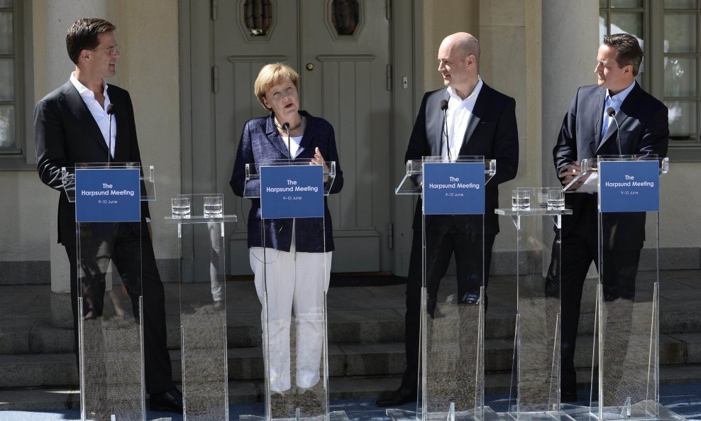 Mark Rutte, Angela Merkel, Frederik Reinfeldt, David Cameron