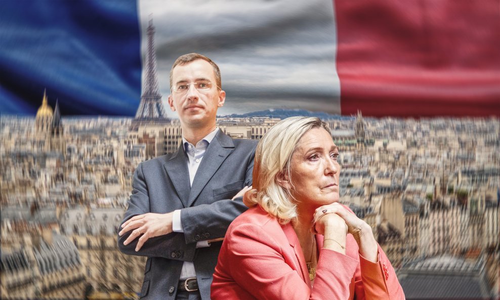 Ilustracija: Pierre-Édouard Stérin 2010. (toliko izbjegava medije da nema dostupnih recentnijih fotografija) i Marine Le Pen