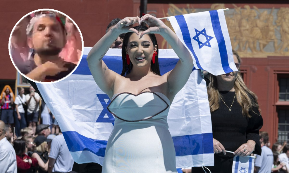 Izraelska predstavnica Yuval Raphael, prosvjednik koji joj je prijetio (u krugu)