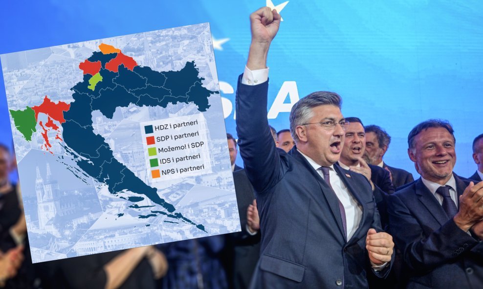 Ilustracija/Andrej Plenković i Gordan Jandroković - karta pobjednika u županijskim skupštinama