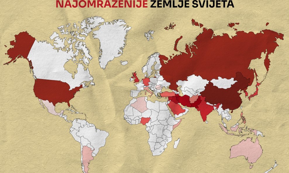 Prema podacima World Population Reviewa za 2025. godinu, tri najomraženije zemlje na svijetu su Kina, Sjedinjene Američke Države i Rusija.