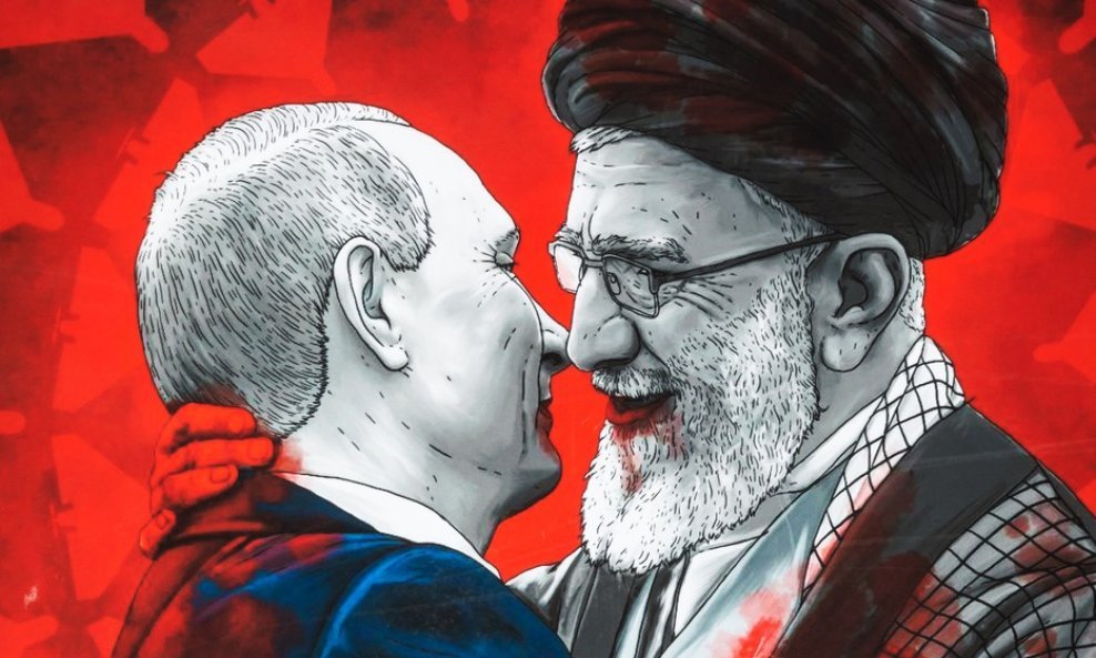 Vladimir Putin i Ali Hamnei - Ilustracija (Plakat na demonstracijama iranske zajednice u Ukrajini protiv sudjelovanja Irana u ratu u Ukrajini)