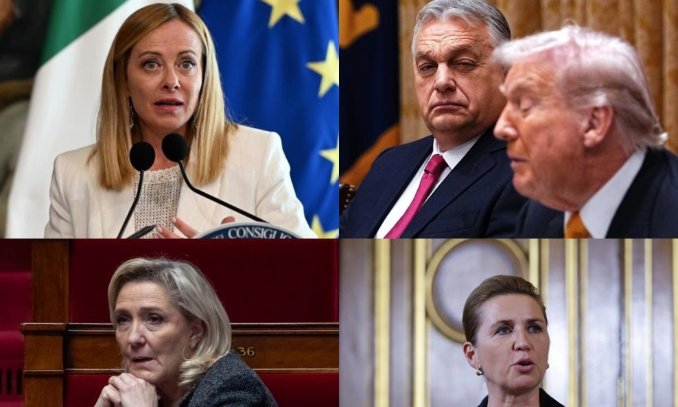 Giorgia Meloni (gore lijevo), Viktor Orban i Donald Trump (gore desno), Marine Le Pen (dolje lijevo) i Mette Frederiksen (dolje desno)