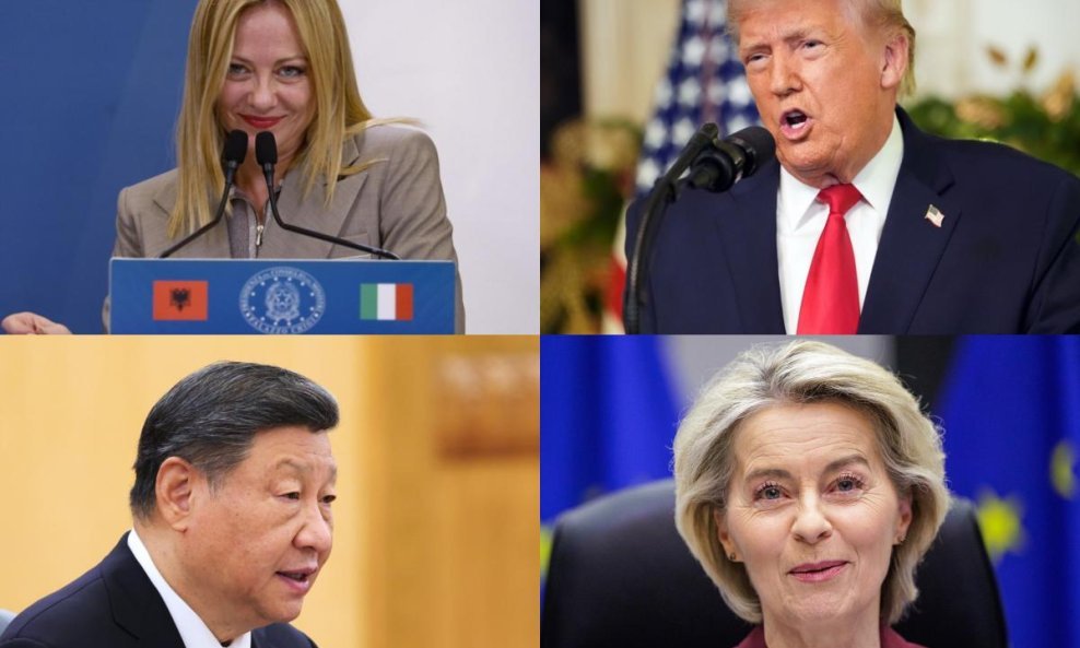 Gore: Giorgia Meloni (lijevo) i Donald Trump (desno); dolje: Xi Jinping (lijevo) i Ursula von der Leyen (desno)