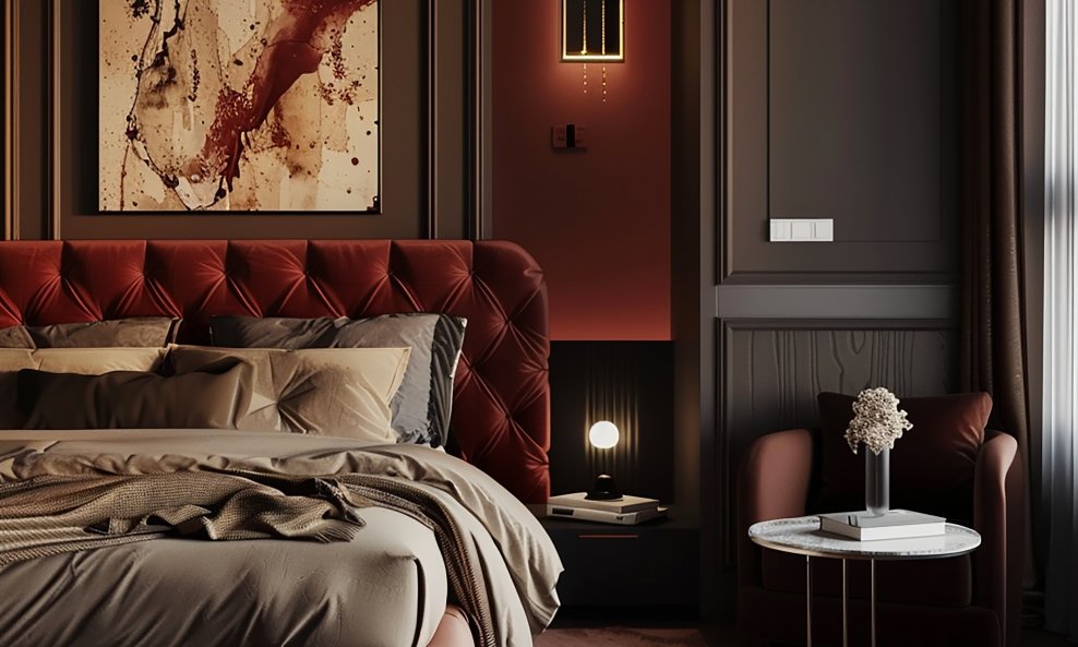 Duboki bordo tonovi i tamno drvo vraćaju toplinu, luksuz i atmosferu u prostor