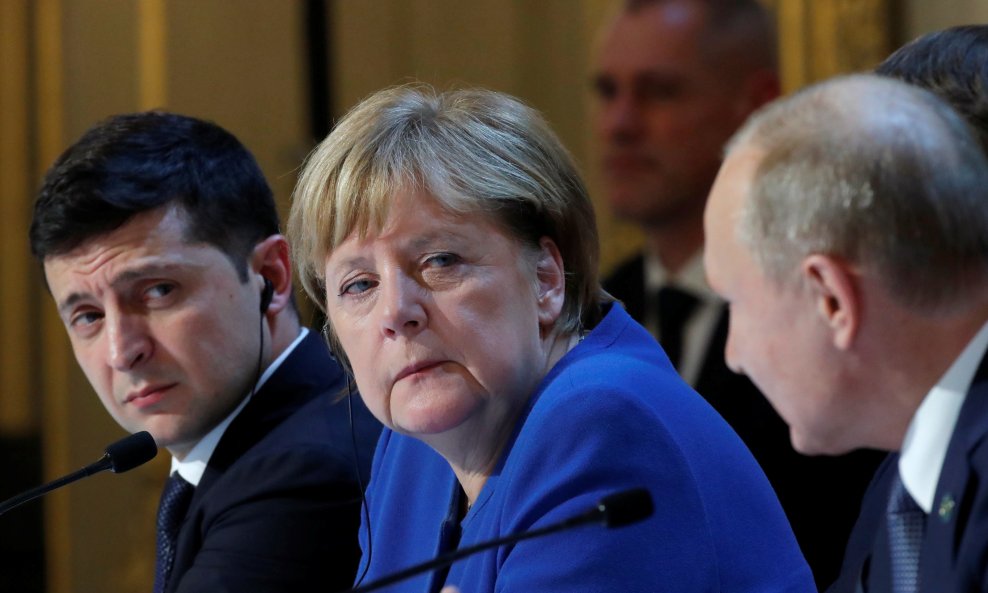 Volodimir Zelenski, Angela Merkel i Vladimir Putin 2019.