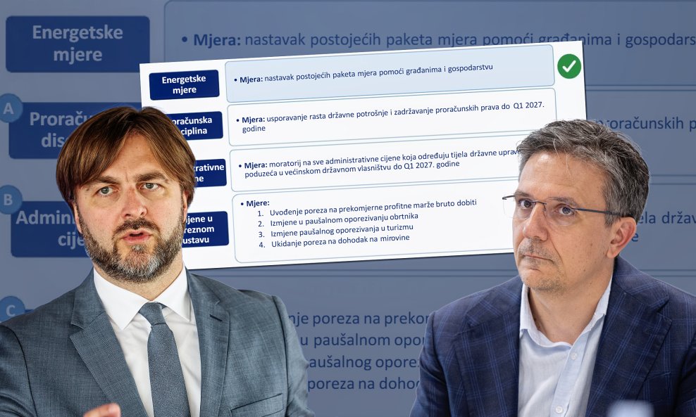 Glavni ekonomist HUP-a Hrvoje Stojić (desno) komentirao je antiinflacijske mjere koje je predstavio ministar Ćorić (lijevo)