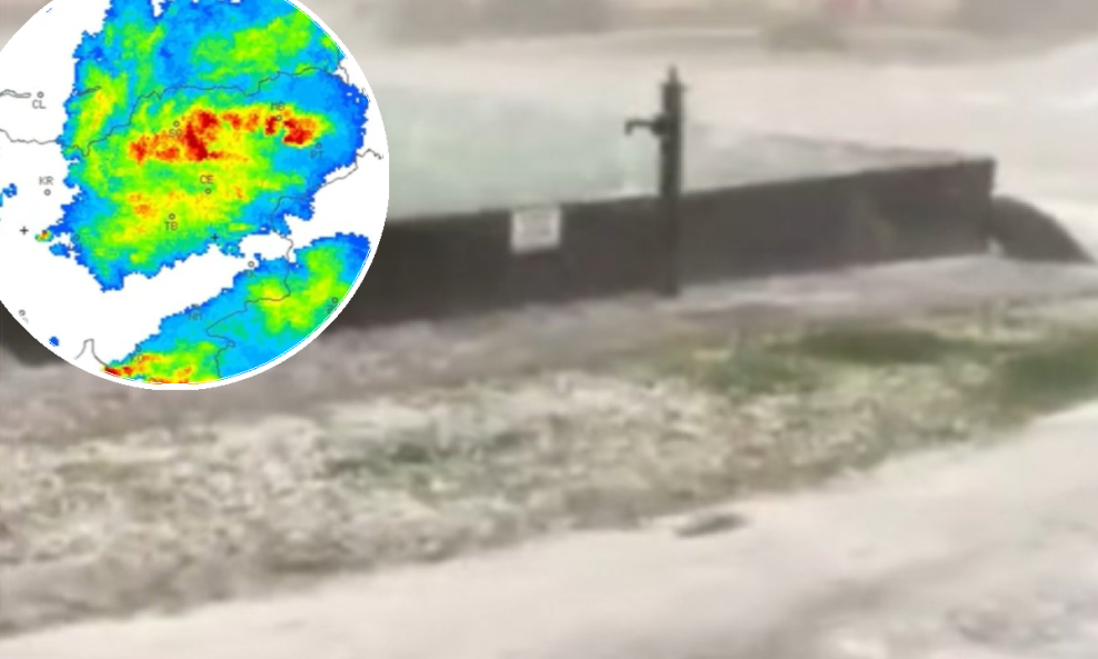 Nevrijeme u mjestu Nova vas na Blokah, nedaleko od Gorskog kotara; radarska slika premještanja sustava (u krugu)