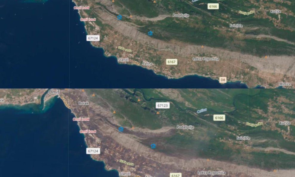 Satelitske snimke Omiša i okolice prije i nakon požara