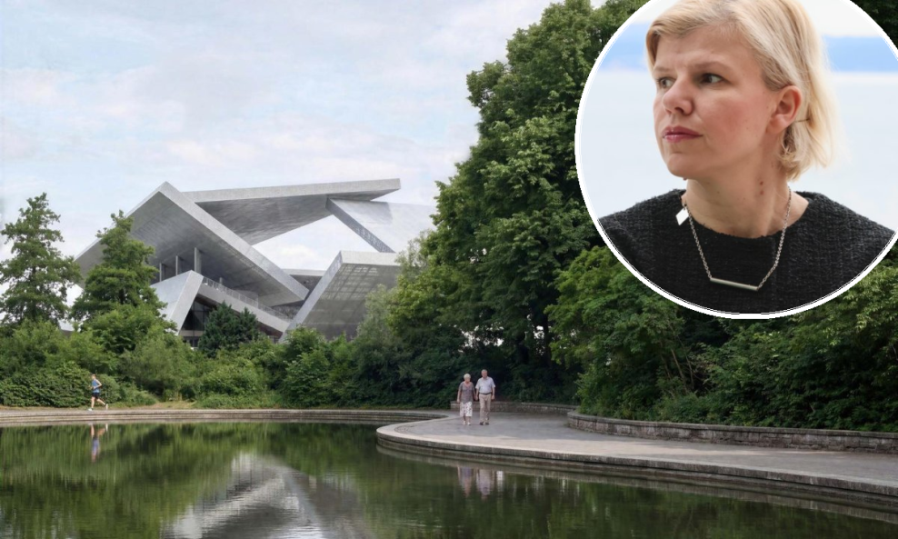 Prvonagrađeno rješenje maksimirskog stadiona iz perspektive parka, Daša Gazde (u krugu)