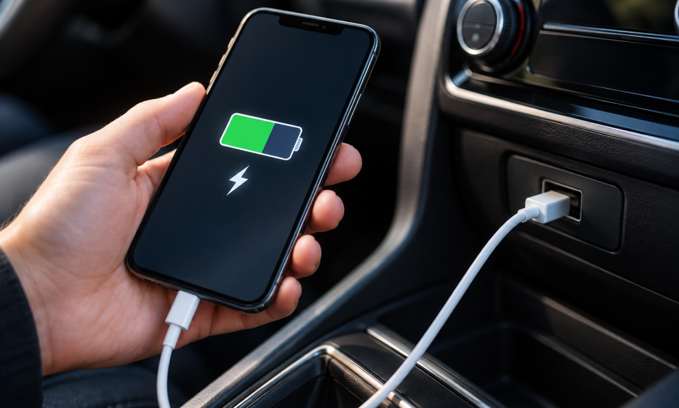 Pametni telefon na punjenju u automobilu