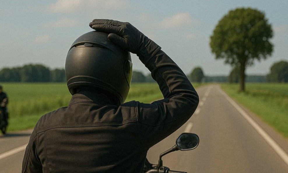 Motociklist se tapše po kacigi