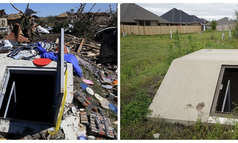 A combination picture shows a storm shelter that saved nine people, surrounded by destroyed homes, after an EF5 tornado destroyed much of the area in Oklahoma City, Oklahoma May 22, 2013 (L), and the same location two years later on May 20, 2015 (R). The 