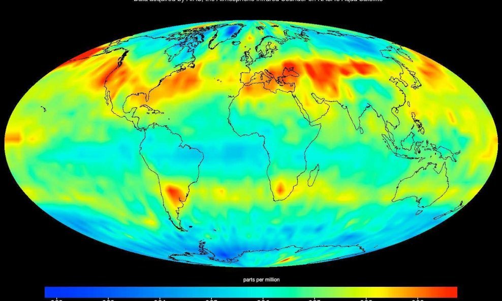 Nakupine ugljičnog dioksida kreću se oko Zemlje zajedno s kruženjem atmosfere. Tamno plava boja označava manju koncentraciju, a tamno crvena veću koncentraciju CO2. Foto: N.A.S.A. / SIPA