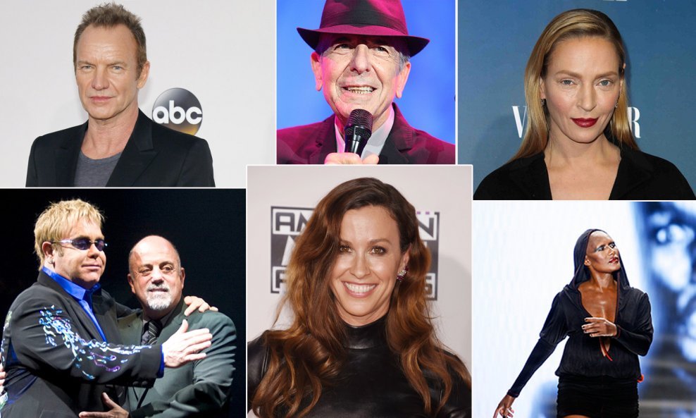 Sting, Elton Joh i Billy Joel, Alanis Morissette, Leonard Cohen, Uma Thurman i Grace Jones