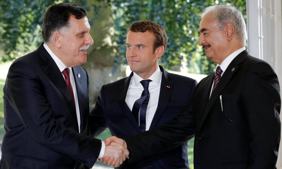 Fajez Serray, Emmanuel Macron i Khalifa Haftar