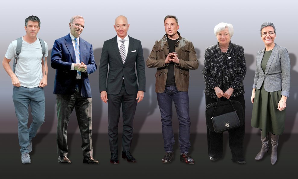 Travis Kalanick, Eric Schmidt, Jeff Bezos, Elon Musk, Janet Yellen, Margrethe Vestager