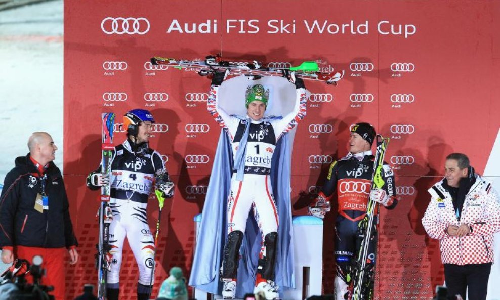 Felix Neureuther, Marcel Hirscher i Ivica Kostelić na pobjedničkom postolju