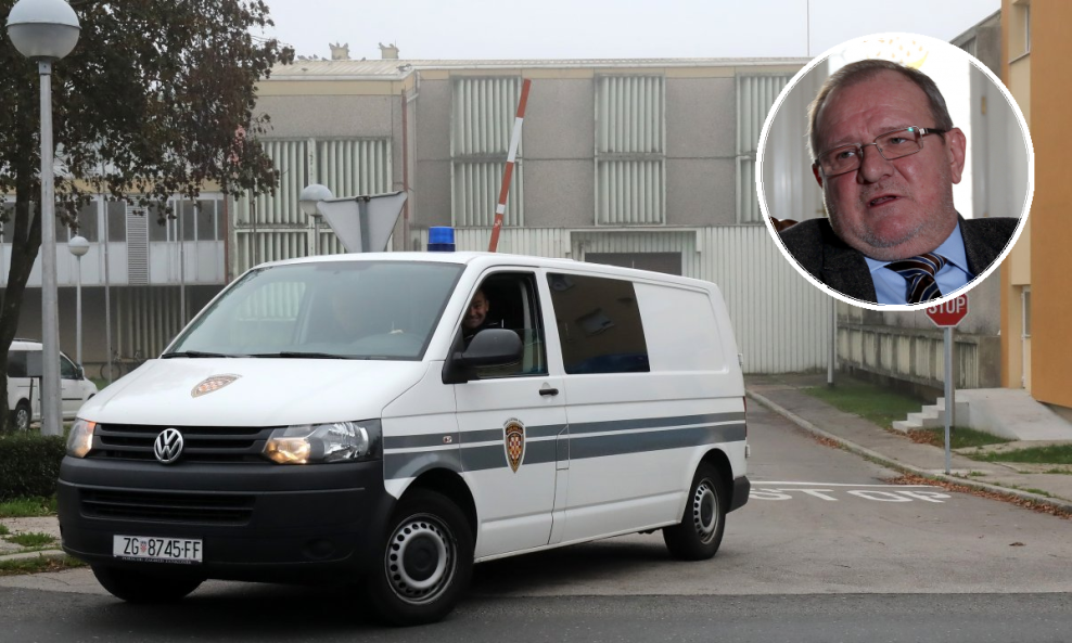 Kombi pravosudne policije izlazi iz Remetinca, odvjetnik Krešimir Krsnik (u krugu)