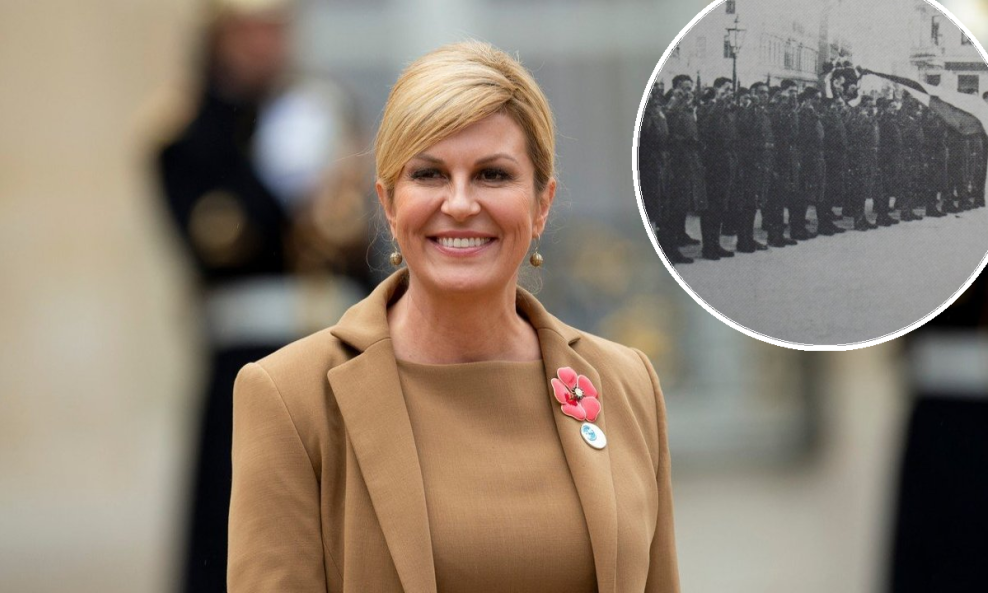 Kolinda Grabar Kitarović; Domobranska postrojba polaže prisegu Narodnom vijeću SHS pred hrvatskom zastavom, Zagreb, studeni 1918.