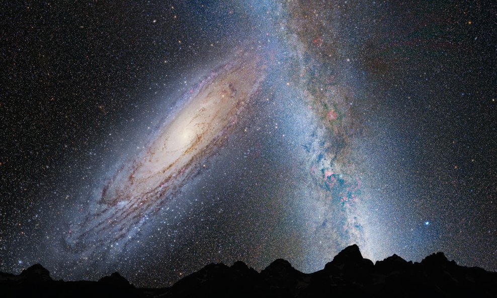 Ovako će, predviđaju znanstvenici, izgledati trenutak u kojem će se Andromeda sudariti s našom Mliječnom stazom. Od toga nas srećom nas dijeli nekoliko milijardi godina