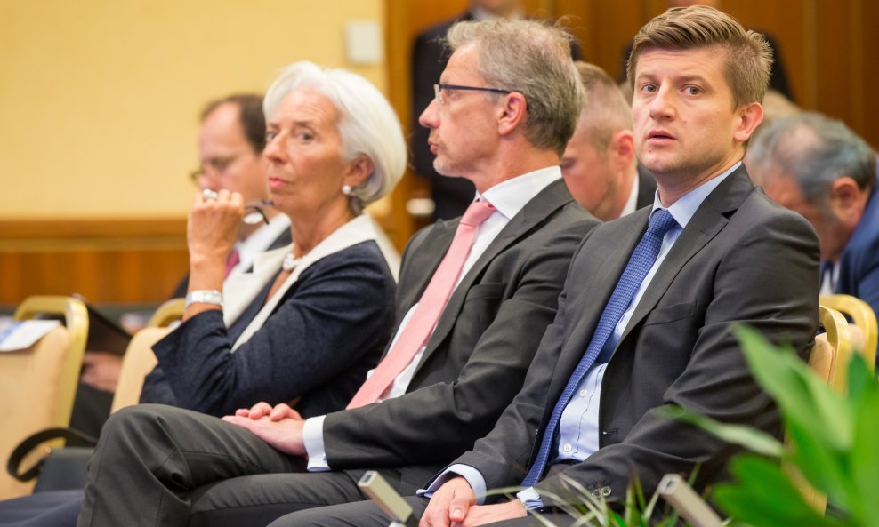 Predsjednica MMF-a Christine Lagarde, guverner HNB-a Boris Vujčić, ministar Zdravko Marić