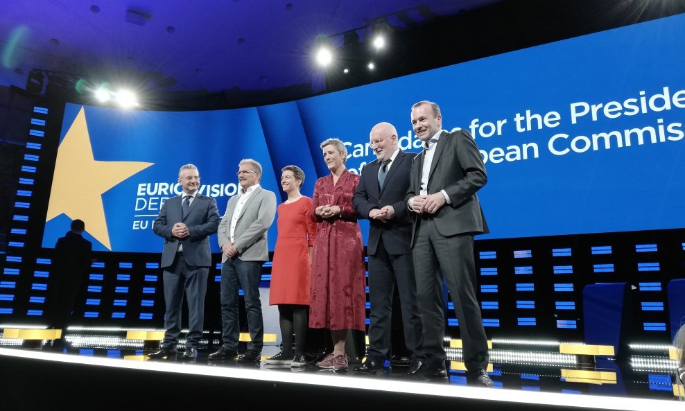 Jan Zahradil, Nico Cue, Ska Keller, Margrethe Vestager, Frans Timmermas i Manfred Weber