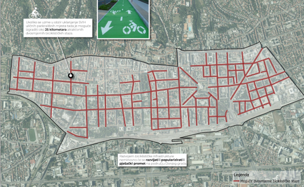 Potencijalne biciklističke staze u središtu Zagreba kada bi se sagradile garaže i ukinula parkirna mjesta