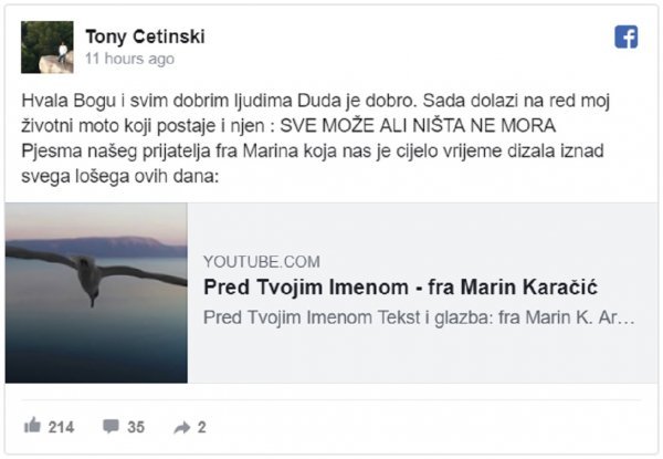 Objava Tonyja Cetinskog na Facebooku