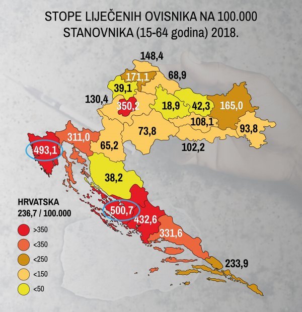 HZJZ: Stope liječenih ovisnika na 100.000 stanovnika (15-64 godina) u 2018.