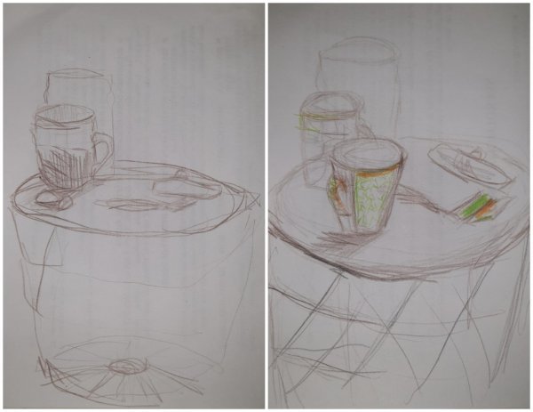 Skica prije ispijanja jutarnje kave (lijevo), skica nakon ispijanja jutarnje kave (desno)