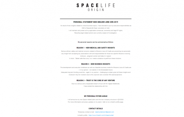 Izjava izvršnog direktora SpaceLife Origina zamijenila je sve ostale informacije na tvrtkinoj internetskoj stranici