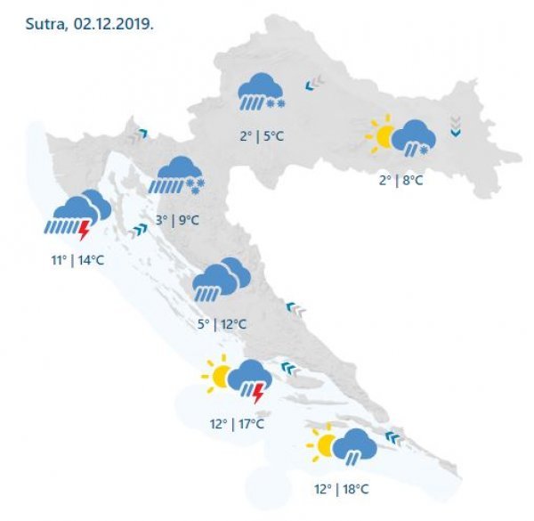 Vremenska prognoza za ponedjeljak, 2. prosinca