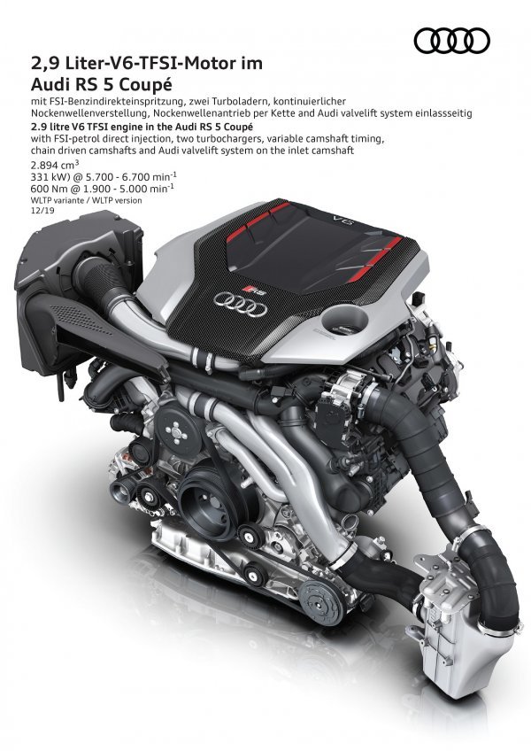 Audi RS 5 Coupé i RS 5 Sportback koriste identični twin-turbo V6 motor snage 450 KS (331 kW) i 600 Nm okretnog momenta