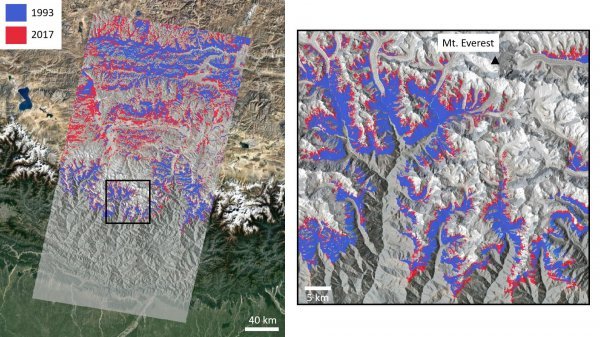 Slike prikazuju opseg vegetacije u regiji oko Mount Everesta 1993. i 2017. godine