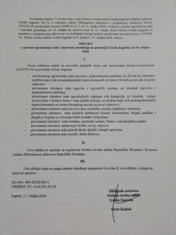 Radni dokument o strožim mjerama karantene u Zagrebu