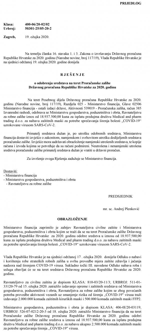 U Vladinoj odluci stoji da nabavljaju dva milijuna komada zaštitnih kirurških maski i pola milijuna komada zaštitnih maski FFP2