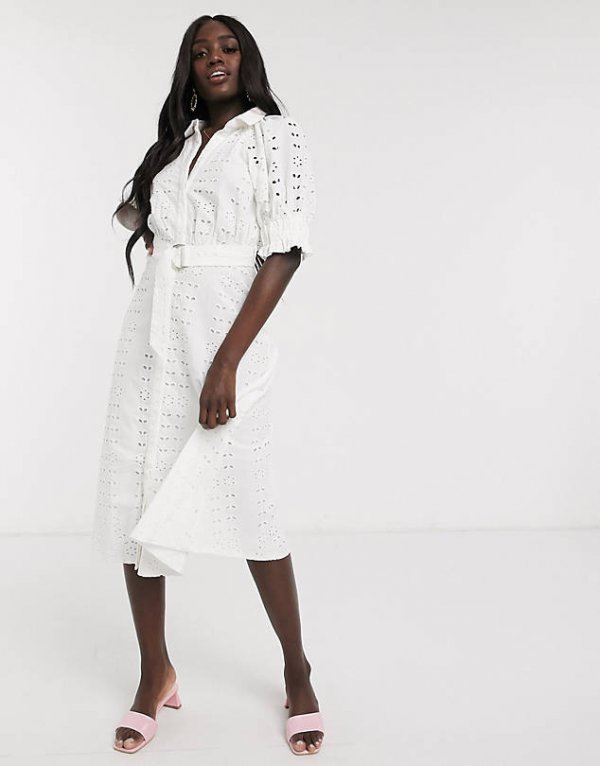 Asos Design broderie midi shirt dress with puff sleeves and d-ring belt in white