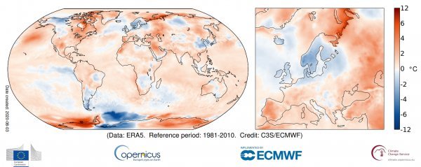 Anomalija površinske temperature zraka za srpanj 2020. u usporedbi s prosjekom srpnja za razdoblje 1981. - 2010.