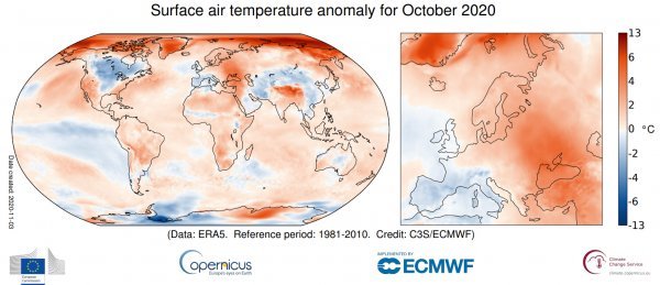 Odstupanja površinske temperature zraka u listopadu ove godine