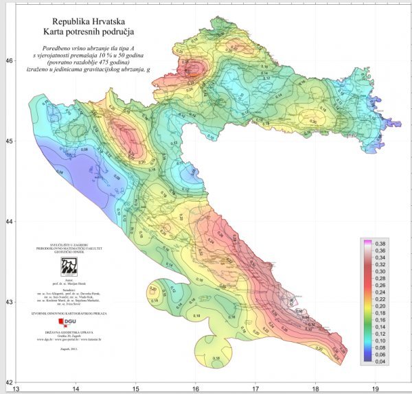 Karta potresnih područja za povratno razdoblje od 475 godina koju su izradili stručnjaci sa zagrebačkog PMF-a