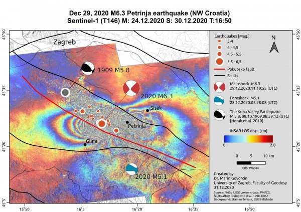 Interferogram potresa na pokupskom rasjedu s epicentrom kod Petrinje kojeg je Tkalčić objavio s dopuštenjem dr. Marina Govorčina
